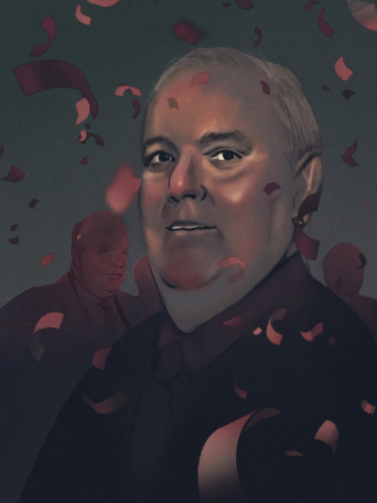FOP president John Dinned, illustrated with dark confetti and disgraced Cmdr. Jon Burge in the background