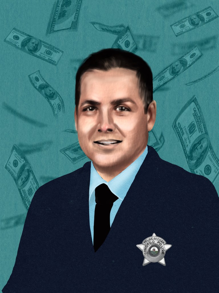 FOP president Michael Shields with dollar bills falling behind him.