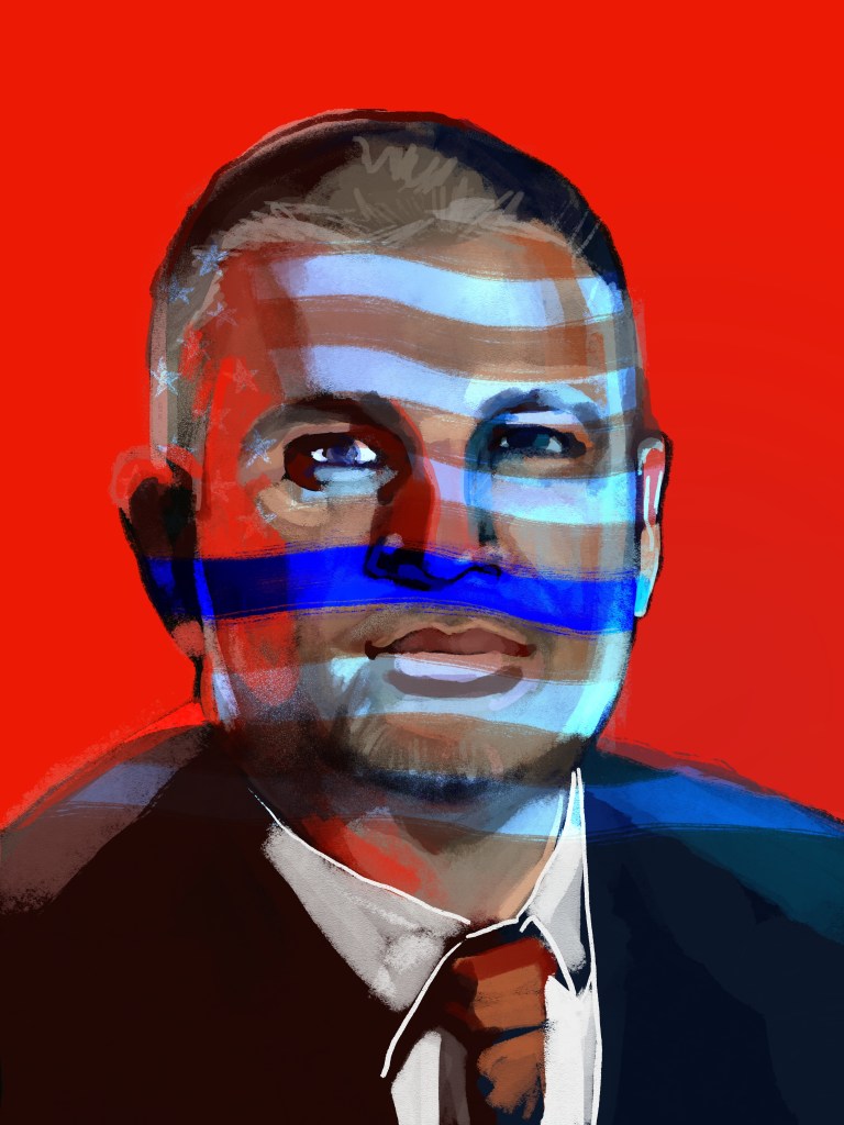 FOP President John Catanzara, with an American flag across his face and a bright red background.