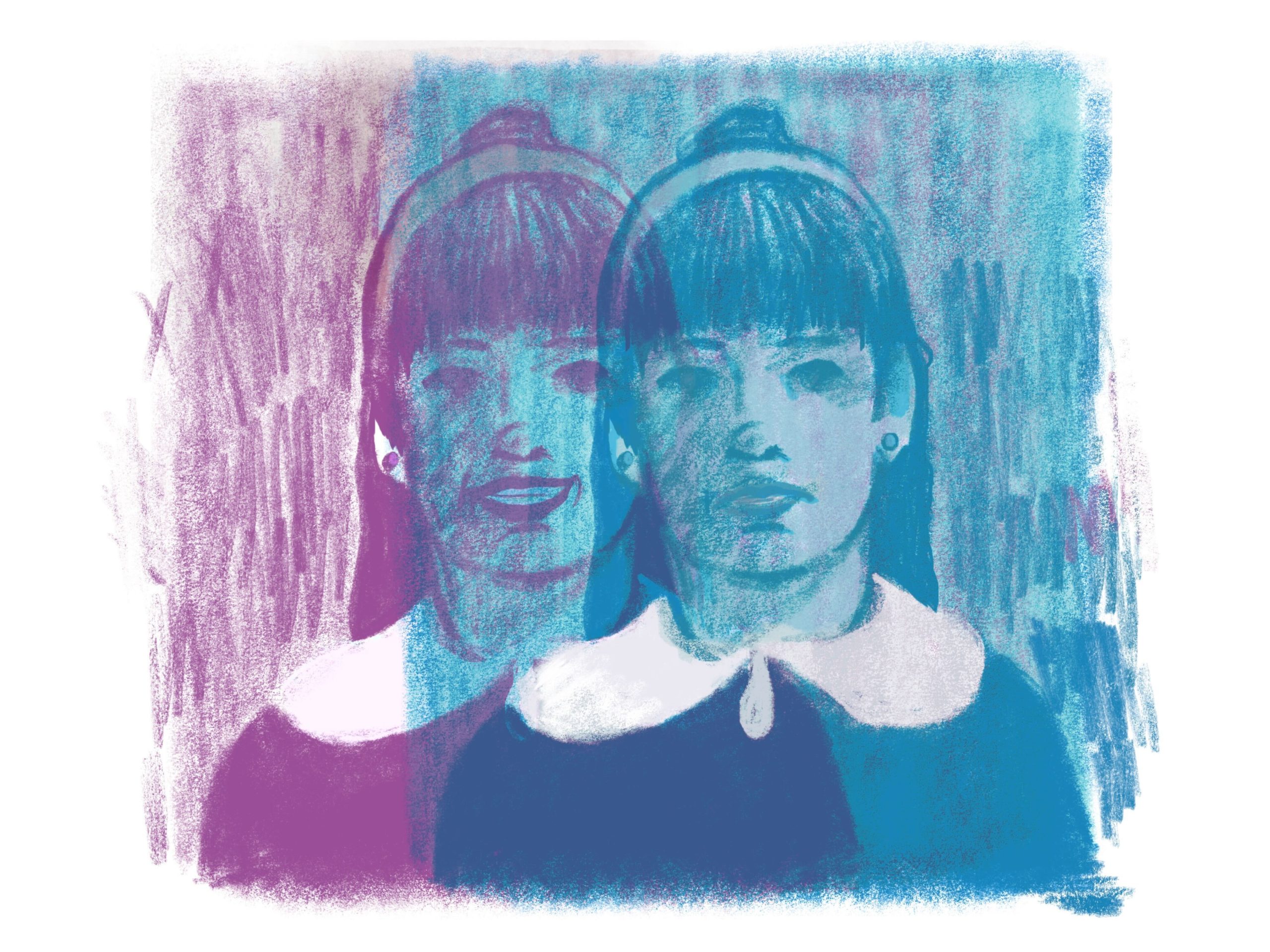 A pink-and-blue hued sketch of a young woman in duplicate. On the left side she's smiling, on the right side she has a sad expression.