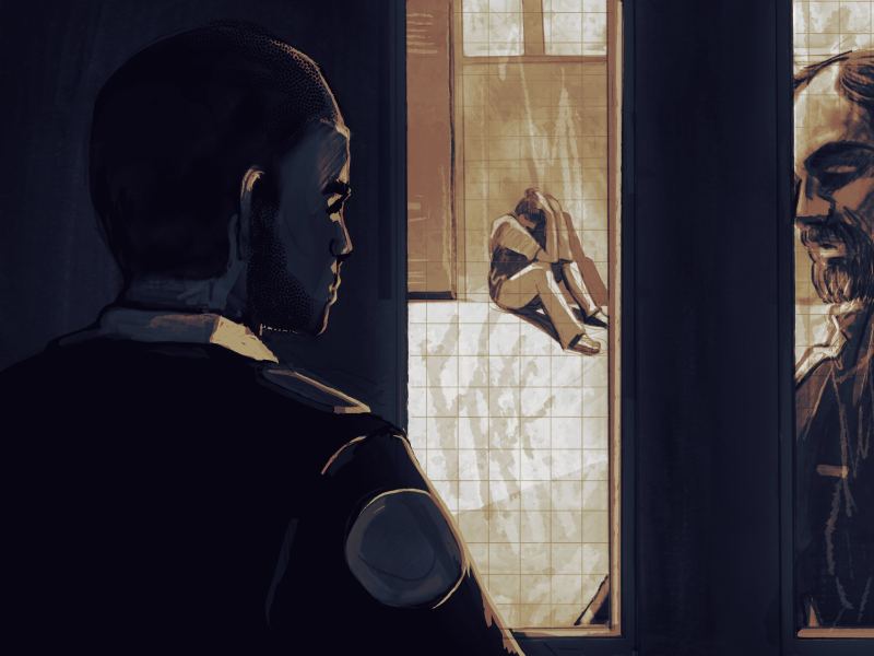 Illustration of a youth sitting on the ground up against a wall with his head in his hands, as a guard at the Cook County juvenile jail looks on.
