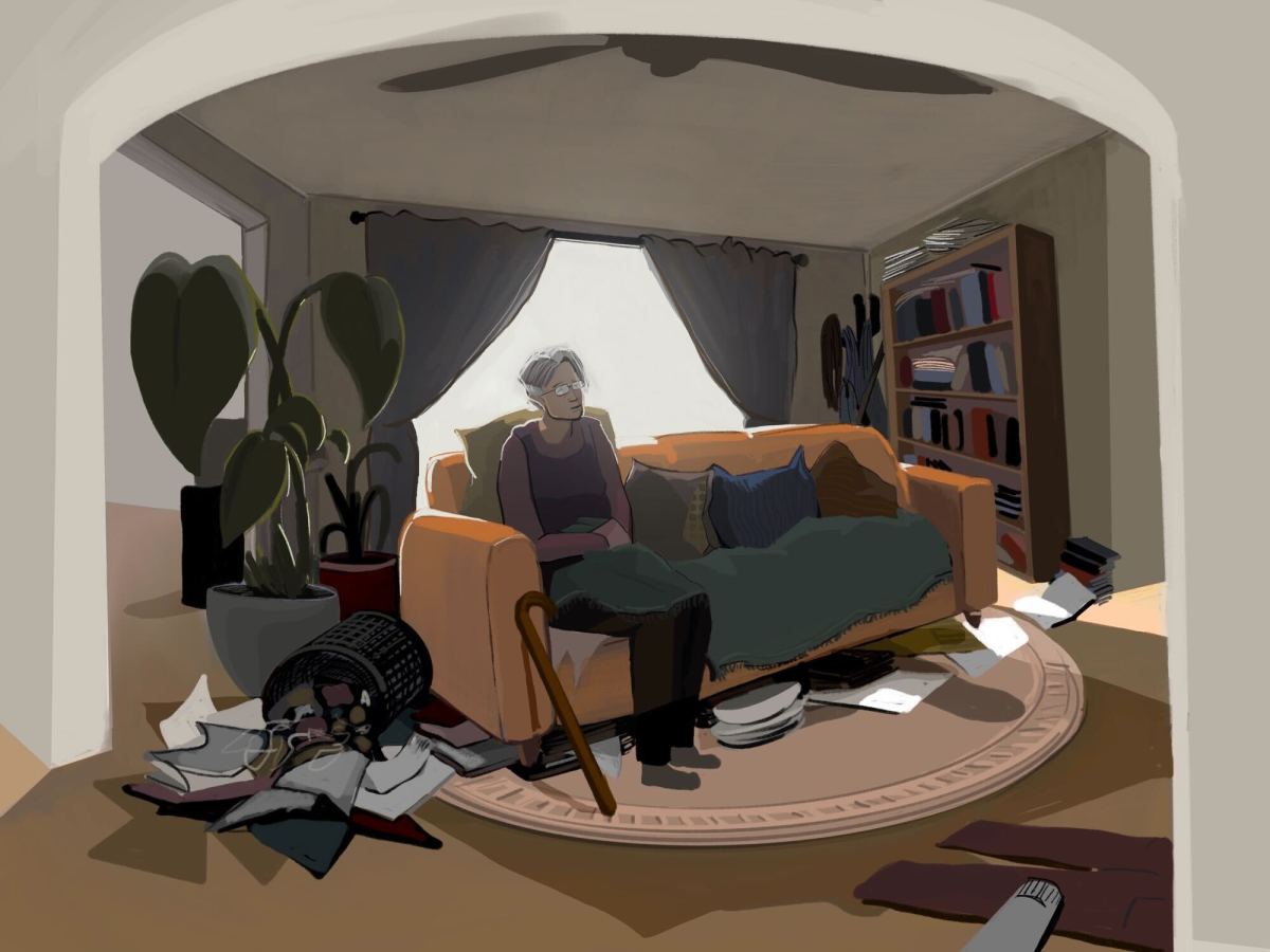 Illustration of an older woman sitting on a couch with a cane next to her, with piles of garbage and papers scattered around the room.